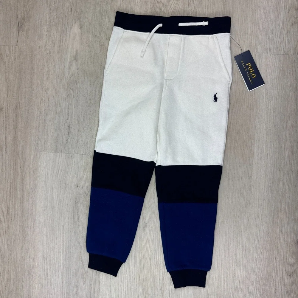 Polo Ralph Lauren Boys Color Blocked Fleece Jogger Pants Size 6 White Navy Black
